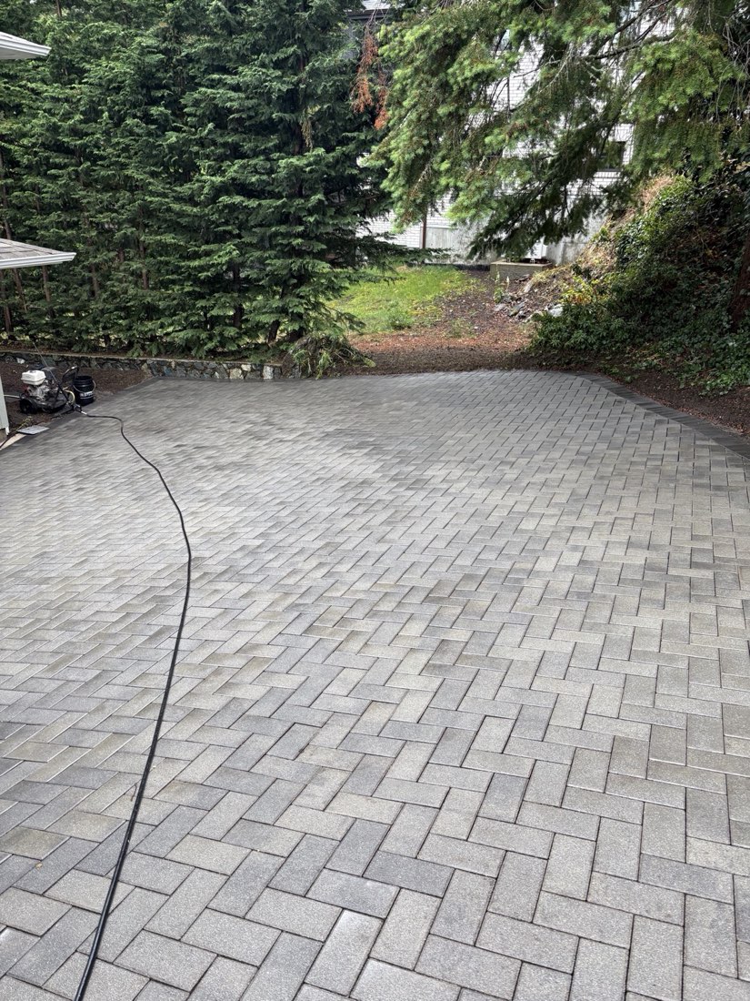 The same paver driveway uniform and clean after pressure washing
